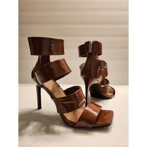 INC Liana Strappy Sandal Stiletto Heels Womens 8M Cognac Brown Patent Leather